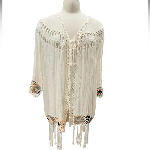 RAIN Boho Open Front Crochet Fringe Cardigan Large NWT - Picture 5 of 5